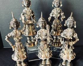 Five SouthEast Asian  (likely Nepalese) Costume Designed Metal Musician Figurines

Each measures about 7 inches tall and very detailed! 