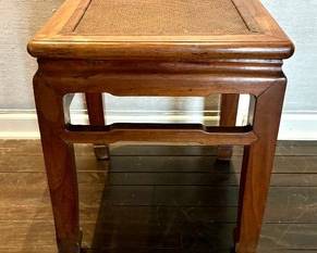 19th Century Chinese Qing Dynasty Stool with Woven Rattan Top & Carved Apron