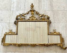Antique Neoclassical Decorative Over-Mantle, Carved Gilt-Wood Mirror -Measures 38 inches high by 47 ½ inches wide.