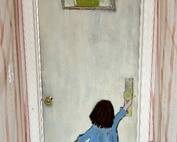 Gloria Vanderbilt (American, 1924 to 2019) Door, acrylic on wood

Delightful design decorated with two small windows and a little girl with a key opening the doorknob (painted on both sides),

Signed with artist's initials

Measures;  79 inches high by 29 ½ inches wide by 1 ¾ inches deep

Purchased in 1965 through Tiffany and Co.
