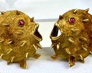 RARE- Pair of 14k Gold Olga Tritt Blow Fish Earrings 

Marked, "France" in the interior. No other marks found, tested positive for gold. 

Circa 1950's 