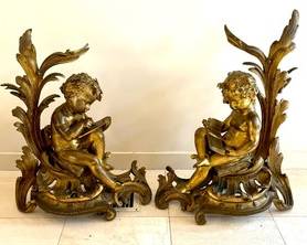 Antique Louis XV Gilt Bronze Chenets, Pair and Fender