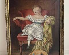 Original Antique 19th Century Oil on Canvas Portrait Painting depicting an adorable little girl seated on a lovely arm chair

Measures 33 x 43 inches. 