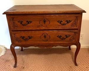 Antique Louis XV Style Two Drawer Chest of Drawers 

Made from fruit or nutwood, probably 19th century, French, Louis XV style, two drawers, carved drawer fronts, shaped apron on cabriole legs

Measures 31 inches high by 36 ½ inches wide by 17 ¾ inches deep