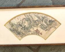 Antique Chinese Ink and Color on Paper Mountainous Landscape with Figurine, Red Seals and Calligraphy Artwork, 19th Century 

Framed; burled veneer, linen matting, gold leaf fillet

Some deterioration and fading

Measuring 12 ¼ inches high by 23 ¾ inches wide, and includes: