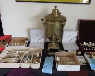 Tons of Silver Plate Flatware. Antique Brass Coffee/Tea Urn