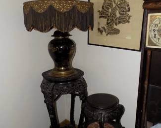 Antique Oriental Ginger Jar Lamp Base with Rare Shade. Marble top Jardinere, Oriental stool and marble top stand