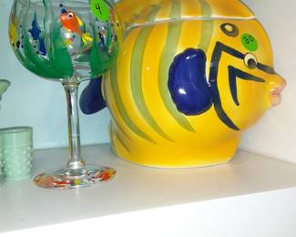 Cookie Jar & Hand Painted Wine glass