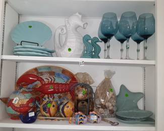 Beautiful Blue Wine Glasses, Seahorse Pitcher & Salt/Pepper, Colorful Platter & Teapot, Fish Salt/Pepper with Small Tray, Seashell Plates