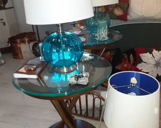 Oar, glass top End Table. 2 Available. Aqua Glass Lamps 2 Available