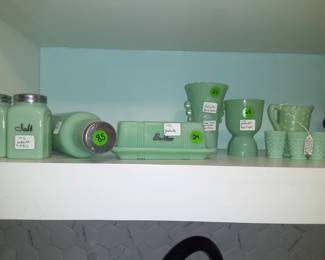 Jadeite Salt/Pepper, Rolling Pin, Butter Cup & Small Pitcher with Small Glasses. Vase is no available