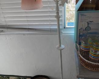 Cast Iron VTG Floor Lamp with Parrot & Pink Glass Shade