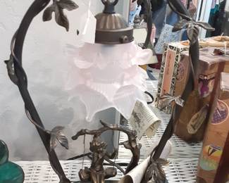 Bronze Fairy on Swing with Light Frosted Pink Petal Glass Shade