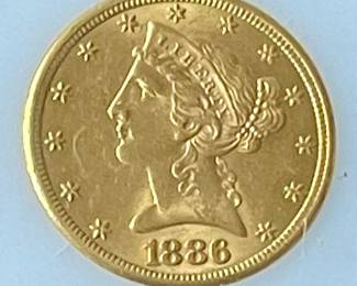 1886 Solid Gold 5 Dollar  Liberty Head Gold Coin (not Graded) 
