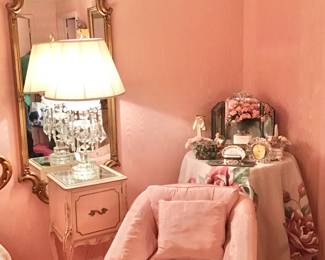 Pink Club Chair , Pair Large Gilt Mirrors