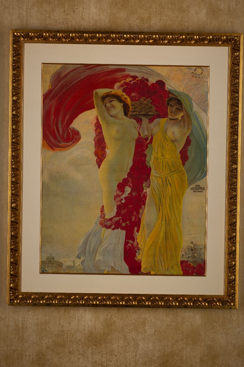 Art Nouveau poster, 1911, for the Rome Exhbition, it has been trimmed. To see all 200+ pictures, visit https://www.sophiasestatesales.com/current-estate-sales and click on the link.