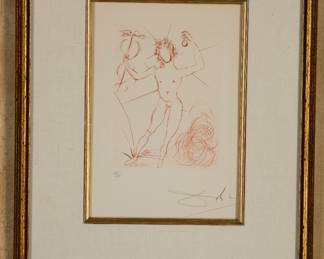 “Mercury” by Salvador Dali, etching, signed and numbered in pencil, 1968, from the Quince Gravures Suite (Fifteen Etchings), 16” x 20” framed. To see all 200+ pictures, visit https://www.sophiasestatesales.com/current-estate-sales and click on the link.