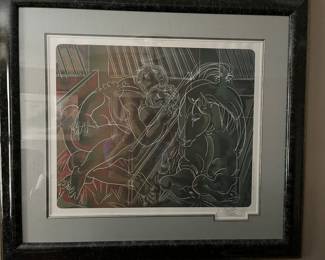 Hans Erni, (1909-2015), Swiss, Stable Interior with a Couple Asleep, lithograph, 22” x 26.75”, signed and numbered in pencil with dedication by the artist