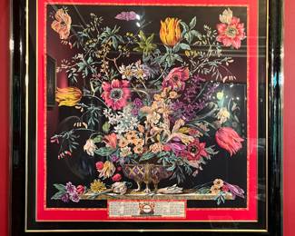 Framed silk scarf from Caspari, bouquet of flowers. To see all 200+ pictures, visit https://www.sophiasestatesales.com/current-estate-sales and click on the link.