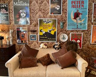Lots of posters—Broadway (including one signed by Peter Allen), opera, Marc Chagall, vintage Tivoli Gardens, vintage 1968 Madrid bull fighting poster, and more