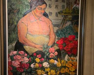 Large mid century oil painting of an Italian Woman selling flowers . To see all 200+ pictures, visit https://www.sophiasestatesales.com/current-estate-sales and click on the link.