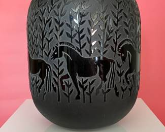 Art glass vase by Kelsey Pilgrim, cameo glass, black on black, horses. To see all 200+ pictures, visit https://www.sophiasestatesales.com/current-estate-sales and click on the link.