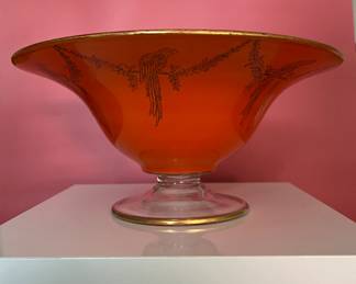 Art Deco crystal bowl, orange decorated with parrots, Czech. To see all 200+ pictures, visit https://www.sophiasestatesales.com/current-estate-sales and click on the link.