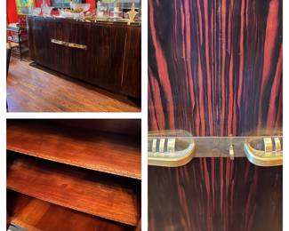 1920s Art Deco macasser ebony sideboard with brass mounts and a marble top, French