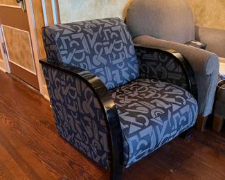 1920s Art Deco club chair with black wood frame and gray and black Art Deco style fabric