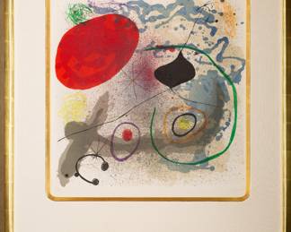 Joan Miró (1893-1983)
BATTEMENT II (MAEGHT 501)
Color lithograph, 1968, on Rives BFK paper, signed and numbered 18/75 in pencil, printed and published by Maeght, Paris, with full margins, framed.
Image 21 5/8 x 21 3/8 inches
Sheet 25 3/4 x 25 3/4 inches
Frame 31 x 31 inches
Not only is this a beautiful lithograph in excellent condition, it is also in a gorgeous rounded, modern Tokyo corner frame with a matching gold fillet and an ivory silk mat, done by Armand Lee of Chicago. To see all 200+ pictures, visit https://www.sophiasestatesales.com/current-estate-sales and click on the link.