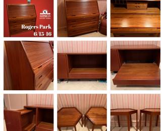 MCM mid century teak furniture, made in Denmark—secretary desk with tamboured roll top, TV stand/entertainment stand, hexagonal side tables, end tables by Hans Andersen