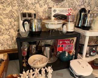 T-fal toaster, chip & dip bowl, coffee warmers, Cooks 3 in 1 grill, waflle & sandwich maker, metal & glass candle holders,  new in box spring form pan & accessories, George Foreman grill and angels 