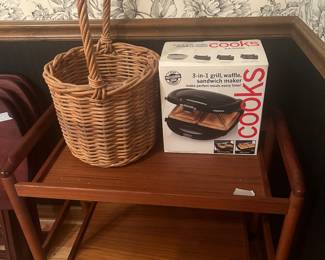 Wheeled cart, basket, & Cooks grill, waffle & sandwich maker