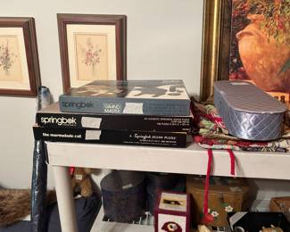 Puzzles, silver quilted moments storage box, & miscellaneous 