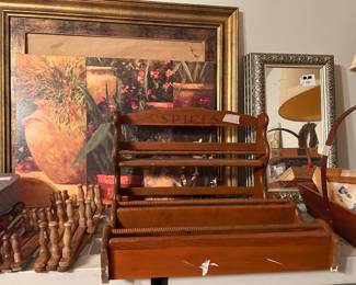 Spice rack, extendable racks to left, frames & framed mirrors to right
