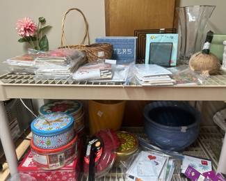 Cards, basket, vases, more pots, tins, & miscellaneous 