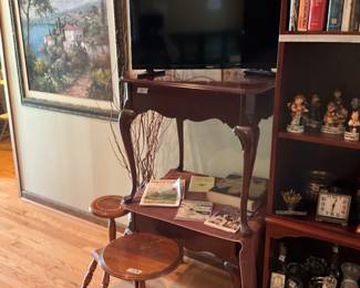 TV, end tables, 2 small round tables, large framed & matted picture under glass