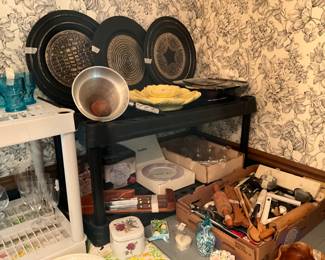 Large trays, chip & dip yellow platter, stainless steel & wood servers, glasses, set of knives in wooden holder & more