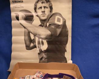 Lot 236. Vikings trading cards, many are autographed, an autographed visor, a Fran Tarkenton poster, and a pile of NFC Championship ticket stubs