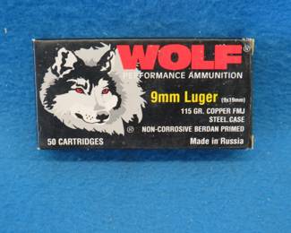 Lot 259. Wolf 9mm Luger.&nbsp; 115 grain FMJ.&nbsp; Full box of 50 rounds.