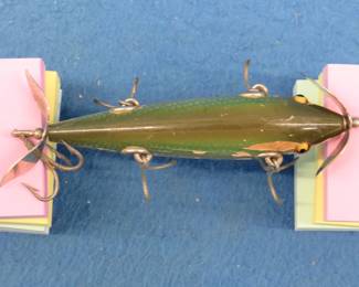 Lot 35. Vintage wooden Pflueger 3 5/8" Never Fail Underwater Minnow in chub color with glass eyes