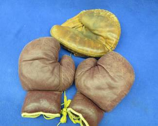 Lot 82. Vintage boxing gloves and baseball mitt