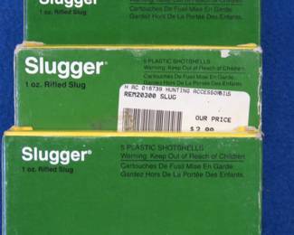 Lot 157. Four boxes of five each, (20 total) Remington 2 3/4" 12-ga. Slugger 1 oz. Rifled slugs
