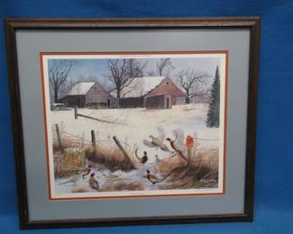 Lot 312. Framed, matted, signed and numbered 202/500 print by Robert Hinton entitled Winter Feeders. Frame size is 29" x 25 1/2".