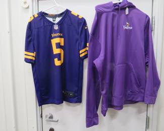 Lot 108. Vikings Teddy Bridgewater medium jersey and an XL Vikings hooded sweatshirt