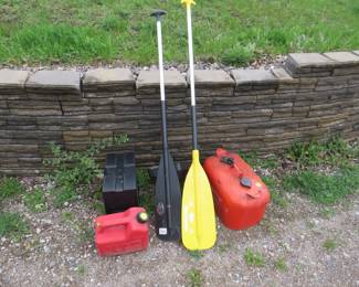 Lot 206. Two canoe paddles, fuel tank, and a battery box