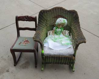 Lot 334. Sleepy Eye doll, old wicker child's or doll's rocking chair, and small wooden chair.