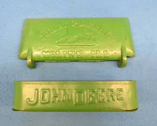 Lot 49. Vintage John Deere tray and cast iron toolbox cover.&nbsp; Slight damage as pictured.