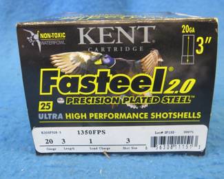 Lot 379. Fasteel 20-gauge 3" shells.&nbsp; No. 3 shot plated steel.&nbsp; Full box of 25 rounds.