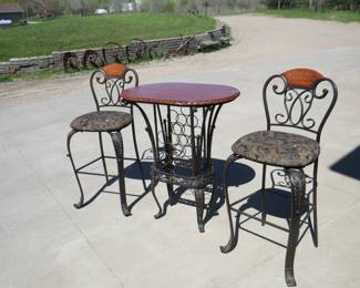 Lot 32. Tall table and two stools&nbsp; &nbsp;36"W x 43"H x 24"D